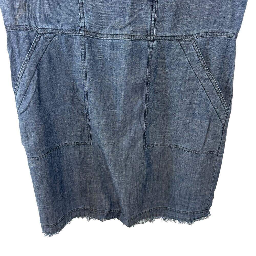 Trina Turk Chambry Lightweight Popover Dress Blue Frayed Hemline Linen Blend M - Picture 6 of 13